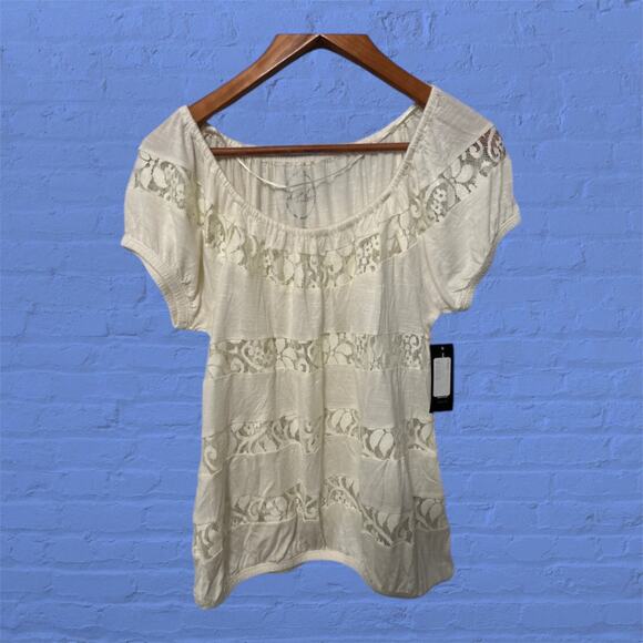 INC Ivory Cream Short Sleeve Sheer Lace Round Neck Elastic Hem Blouse Size Small - Picture 1 of 11